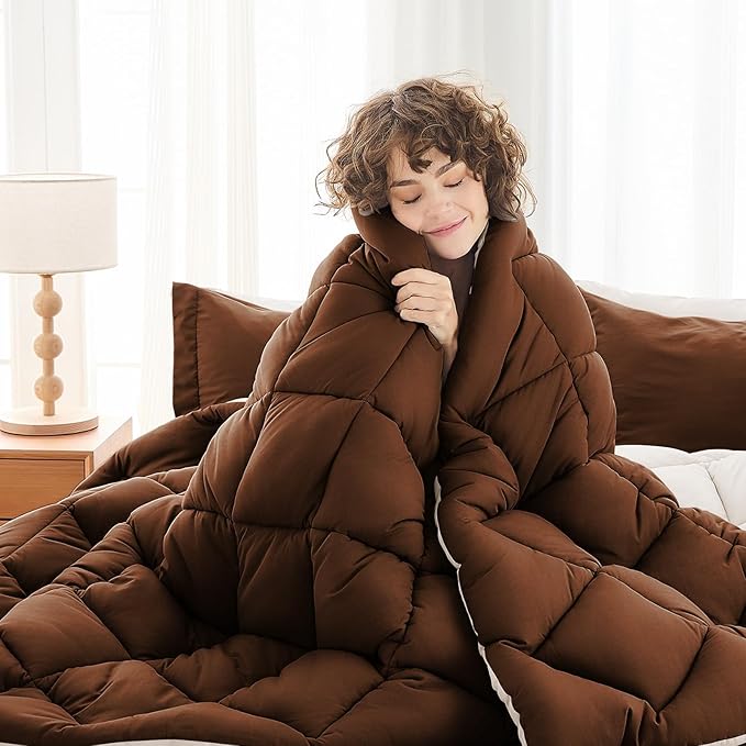 MUXHOMO 7 Pieces Full Comforter Set, Reversible Bed in a Bag Full Size, All Season Bedding Set with Comforter, Flat Sheet, Fitted Sheet, Pillowcases & Shams, Brown & Khaki