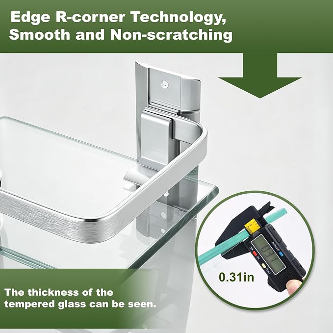 AIJALY 3 Pack Bathroom Glass Shelf,Aluminum Tempered Glass 0.3in Extra Thick Rectangular 1 Tier Storage Organizer Wall Mount,Silver 15.7in - Image 7