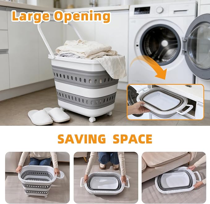 50L Collapsible Plastic Laundry Basket Hamper with Wheels, Foldable Laundry Basket with Handles, Pop Up Storage Container Organizer for Washing Storage - Image 3