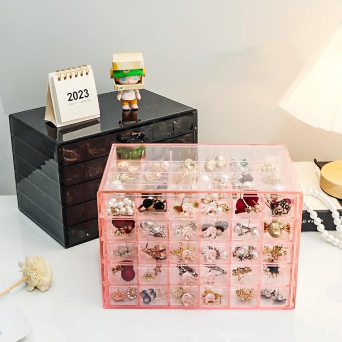 Feadily Acrylic Jewelry Organizer Box, Jewelry Drawer Organizer With 5 Drawers 120 Grids, Black - Image 5