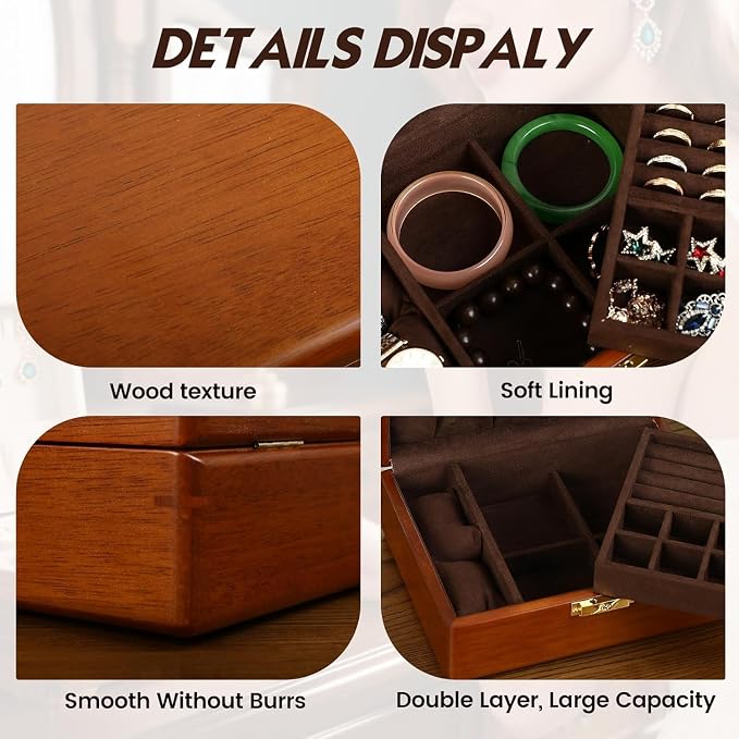 Solid Walnut Wood Jewelry Box with Lock, 2 Layer Velvet Jewelry Organizer Storage Lined for Earrings Rings Necklaces Bracelets Cufflink Gift Idea for Men Women, Vintage Brown - Image 7
