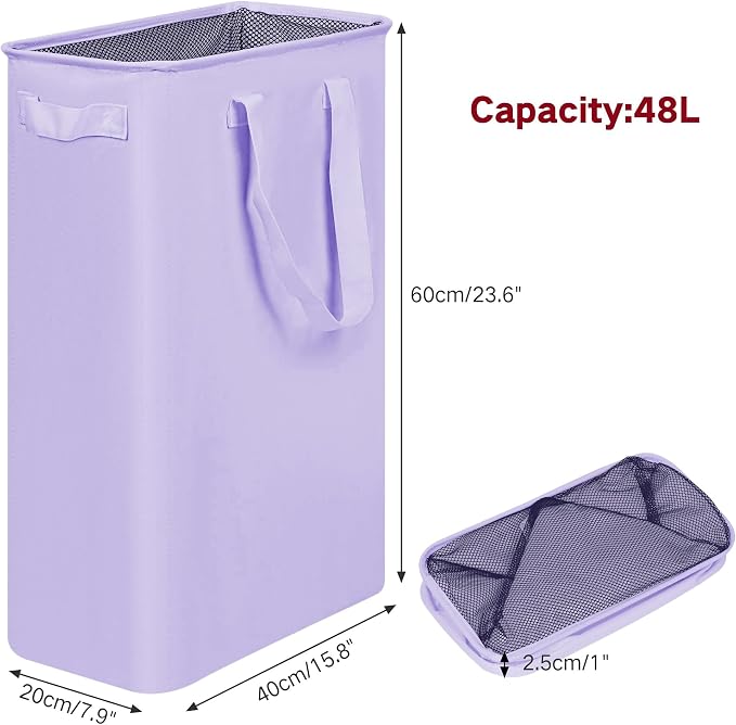 efluky Slim Laundry Basket, Narrow Laundry Hamper with Handles, Collapsible Dirty Clothes Hamper, Tall Laundry Bin for Laundry Room, Dorm and Bedroom, 12.7 Gallons(48L) Light Purple - Image 2