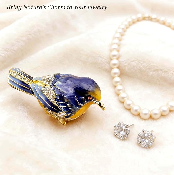 Starling Bird Trinket Boxes Hinged with Crystals Enameled Jewelry Box.Bird Lover Gifts for Women.Necklace Ring Box Earrings Storage.Collectible Bird Figurines Home Decor -Blue Yellow. - Image 6