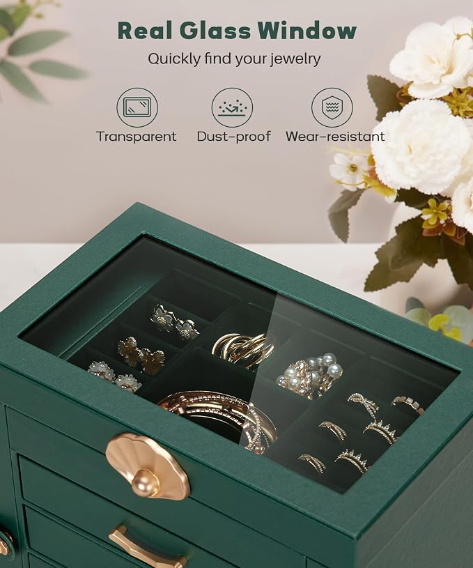 Enthralite Jewelry Box with 4 Drawers: Display Organizer for Earrings Necklaces - Gifts for Girls Women (Forest Green) - Image 3
