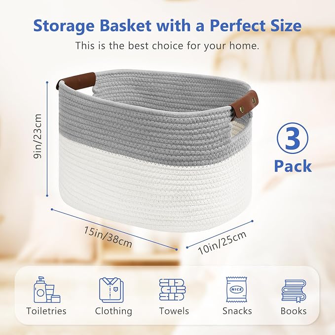 ECDYQXVU Cotton Rope Storage Baskets,15x10x9 in,Foldable Storage Bins, Decorative Woven Basket Cube Storage Organizer for Laundry, Towel, Clothes (White/Grey-3Pack, 15x10x9 inches) - Image 2