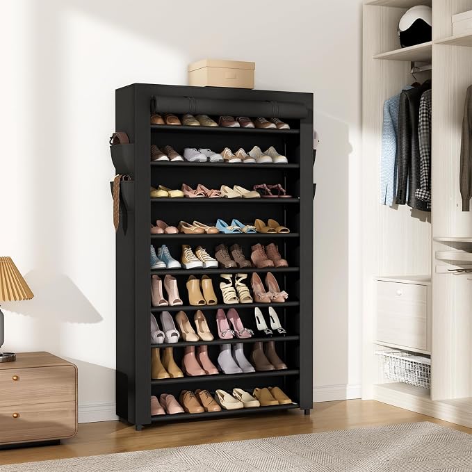 VILICK Shoe Rack with Cover Narrow Shoe Organizer with Pockets 10 Tier Tall Shoe Storage Holds 36-41 Pairs Shoes and Boots Shoe Rack for Closet Entryway Garage, Black - Image 7