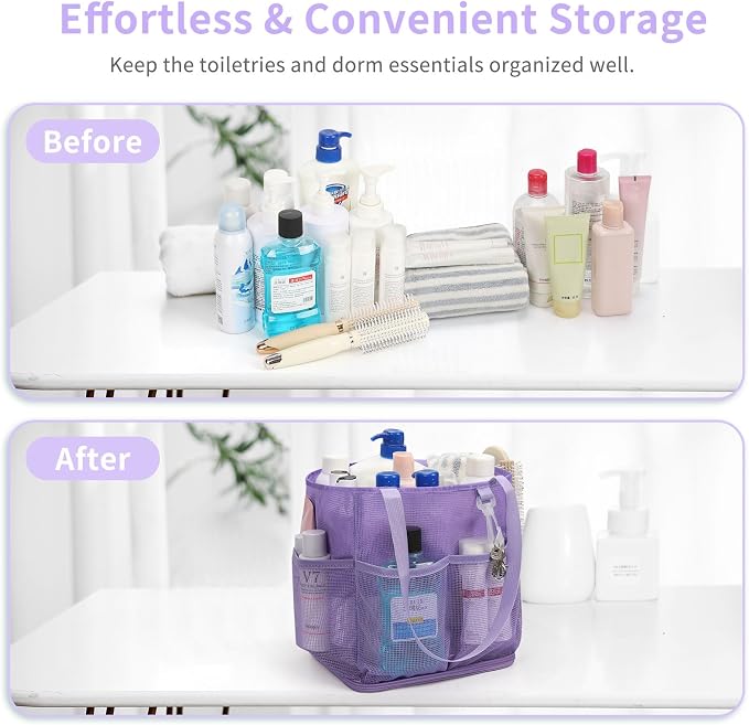 Mesh Shower Caddy Portable for College Dorm Room Essentials, Shower Tote Bag with Hanging Hook and Drawstring, Quick Dry Toiletry Bag with 6 Pockets for Bathroom, Swimming, Gym, Camping, Beach, Travel - Image 8