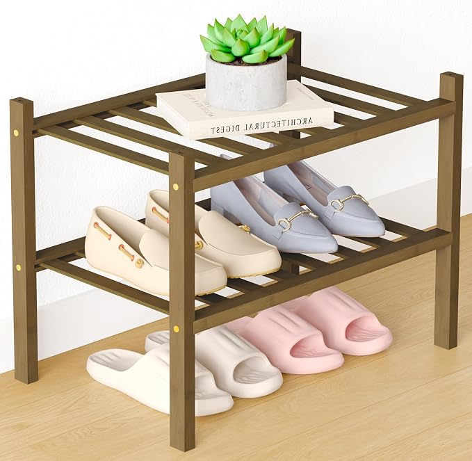 Smiry Bamboo Shoe Rack for Closet, 2 Tier Small Wooden Stackable Shoe Organizer, Free Standing Shoes Storage Shelf for Entryway, Front Door Entrance, Walnut by Smiry