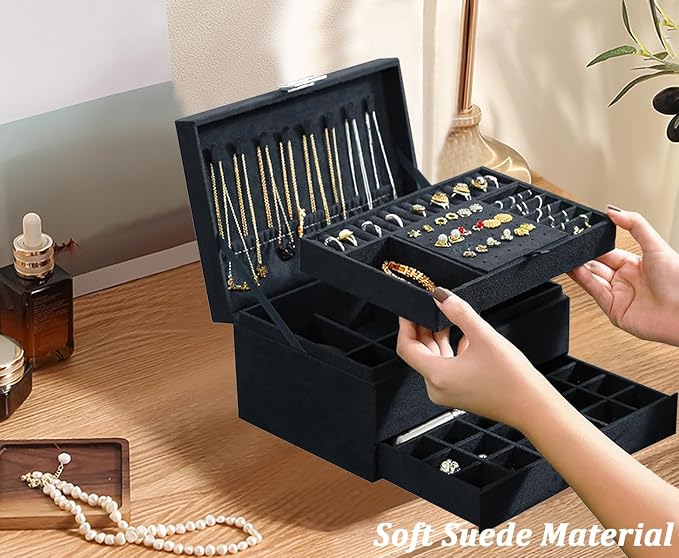 QBestry Jewelry Box for Women with Drawer, 3-Layer Large Jewelry Organizer with Lock & Key, 8 Necklace Hooks & 56 Earring Holes, Black Velvet Jewelry Storage Box for Necklaces Earrings Rings Bracelets - Image 8