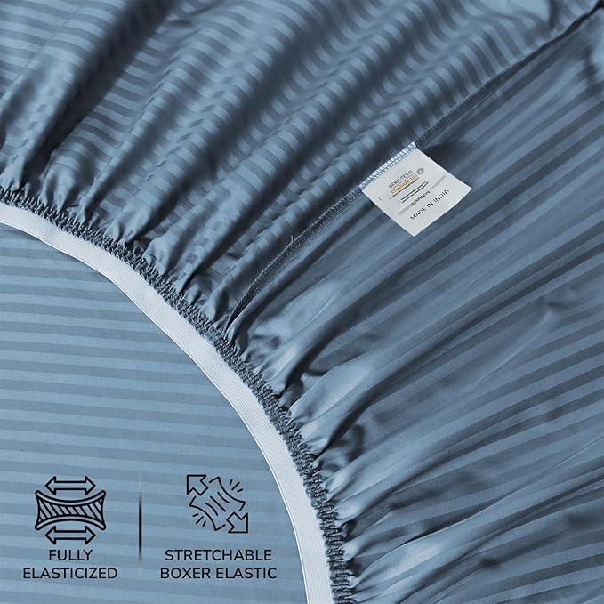 Feather & Stitch 500 TC Split King Size Damask Bed Sheet Set, 100% Cotton Soft Breathable Bedsheets, 5 Piece 18" Deep Pockets Sateen Weave Striped Bedding Mattress Resort Hotel Luxury - (Blue Stripe)