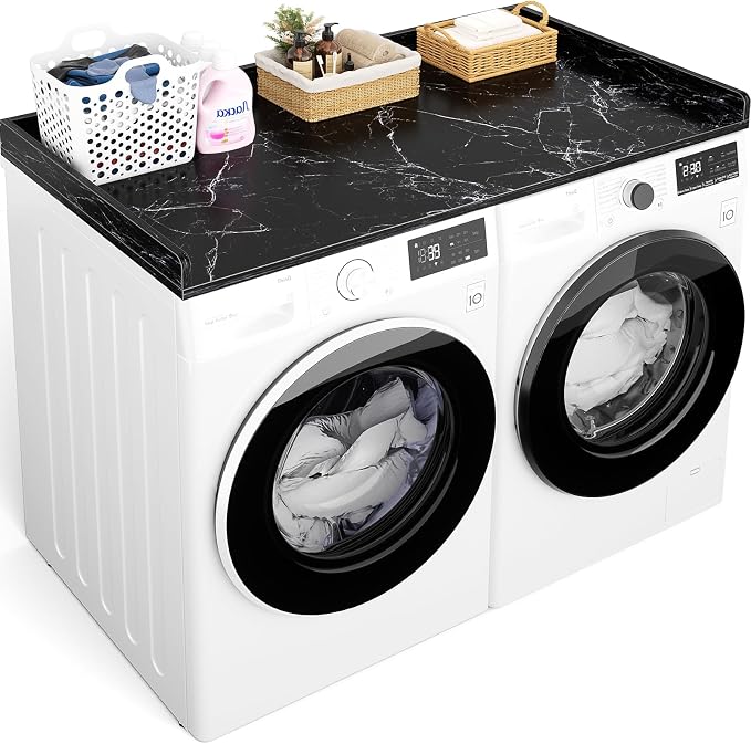 Aheaplus Washer and Dryer Countertop, Laundry Room Organization with Non-Slip Pads, Wood Shelf Topper with Round Corner Edge Rails, Folding Organizer for Laundry, 54" W x 27.5" D, Black Marble by Aheaplus