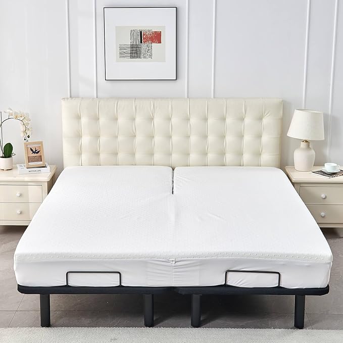 Bamboo Viscose Cooling Split Top King Mattress Protector for Adjustable Bed with Upper Flex Waterproof Fitted Sheet Style Matress Cover 32-34" Split from Head