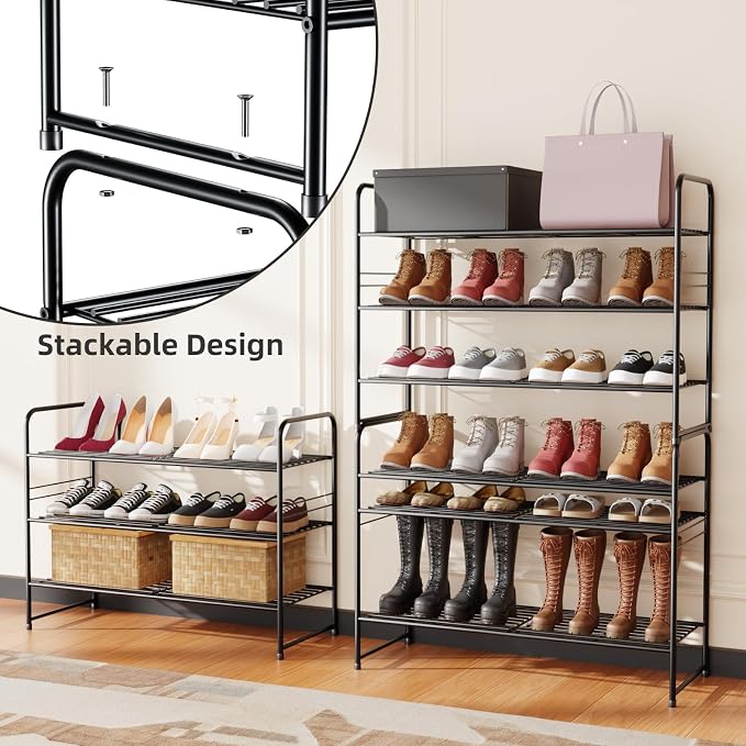 SUFAUY 3-Tier Shoe Rack, Closet Metal 33" Wide Shoe Rack Organizer Heavy Duty, Stackable, Black - Image 3