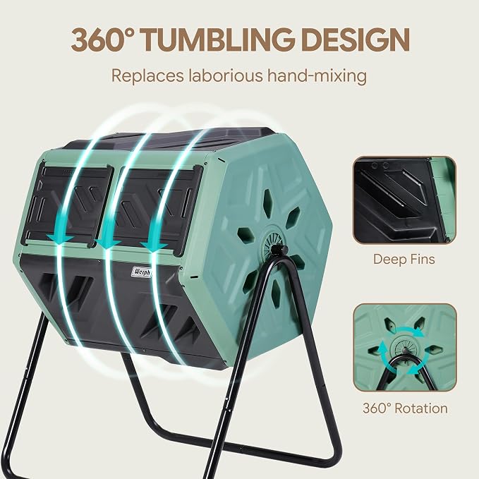 Werph Updated 43 Gallon Dual-Chamber Compost Bin, Fast Assembly Rotating Outdoor Compost Tumbler, Batch Composter with Gloves for Garden, Kitchen, and Yard Waste, Green & Black - Image 6
