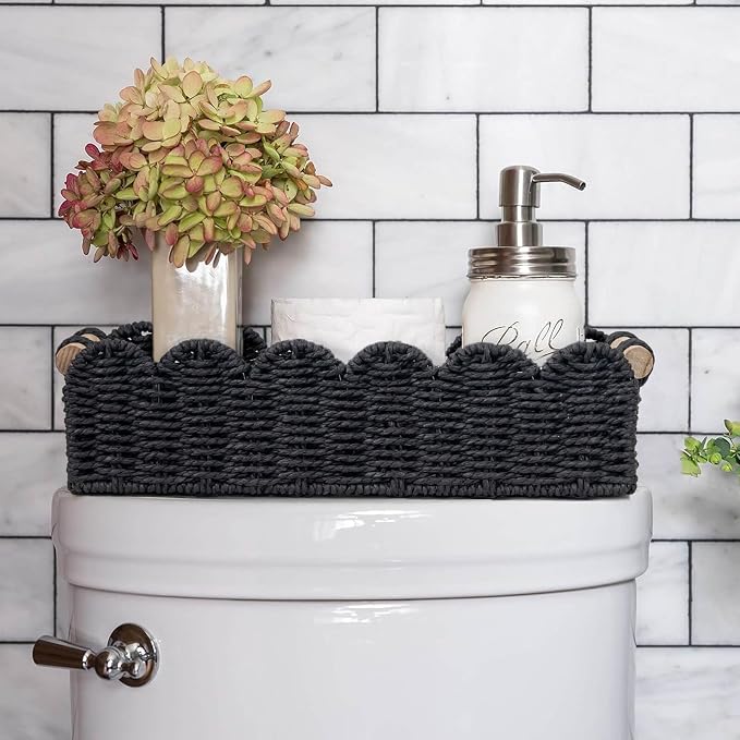 CubesLand Toilet Paper Storage Basket Scalloped Edge Home Decor Basket, Living Room Cozy Decor, Paper Rope Small Baskets for Over Toilet Storage Shelf, End Table, Shelves, with 2 Wooden Handles, Black - Image 2