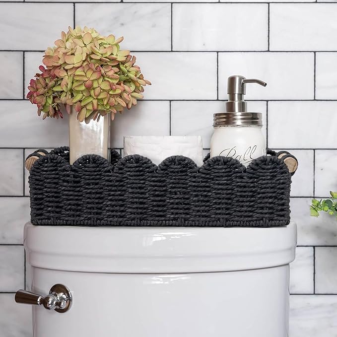 CubesLand Scalloped Edge Decor Baskets for Home, Living Room, Toilet Paper Storage Basket for Over Toilet Shelf, End Table,Shelves and More, Small Paper Rope Baskets Both Storage&Decor, Set 2 Black - Image 2