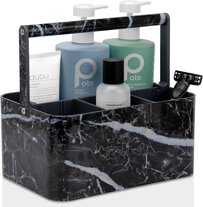 BYUNER Plastic Shower Caddy Dorm: Portable Bathroom Caddy Organizer for College with Handle and Adjustable Divider, Utility Hard Shower Basket Bath Tote for Toiletry, Shampoo, Soap (Black Marble) by MakesYourHomeMoreOrganized