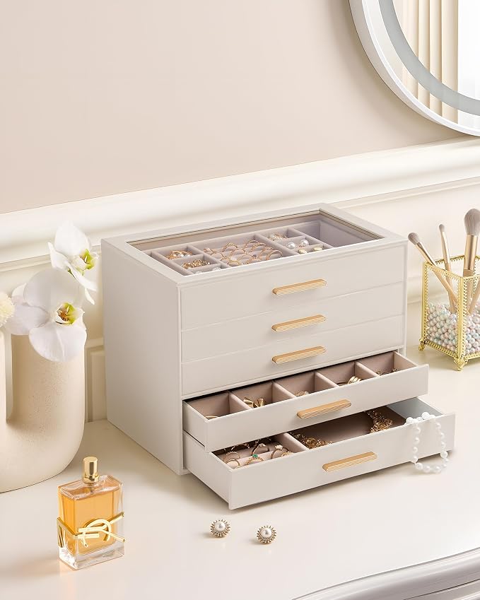 Lolalet Jewelry Box Organizer, 5-Layer Jewelry Organizers and Storage Case with Glass Lid, Ring Earring Bracelet Necklace Holder Organizer, Birthday Valentine Gifts for Women Girls -5Layer, Beige - Image 2