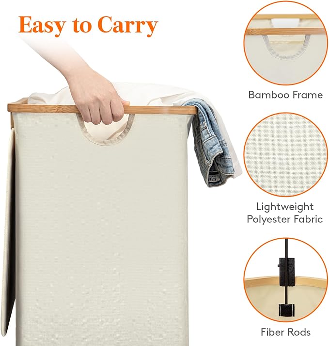Lifewit 170L Double Laundry Hamper with Lid, Large Laundry Basket with Removable Bag & Bamboo Handles, Fodable Tall Dirty Clothes Hamper for Laundry Collapsible Bin for Bathroom Bedroom Dorm, Beige - Image 3