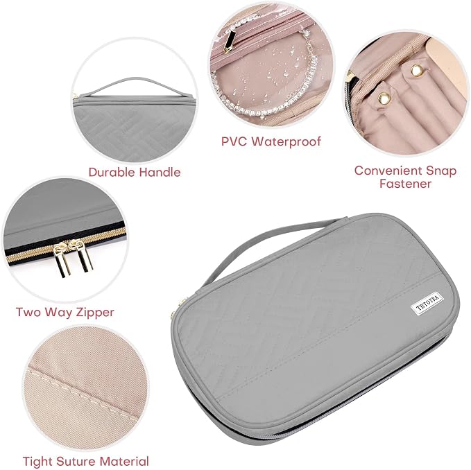 Jewelry Travel Case Organizer for Necklaces, Earrings, Rings, Bracelet, Watch, Soft Sided, Grey - Image 4