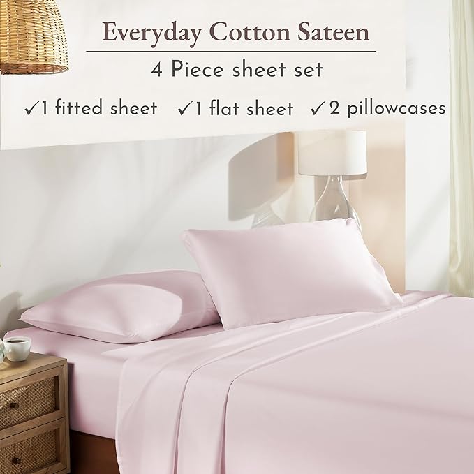 California Design Den Full Size Sheets Set - Natural 100% Cotton Bed Sheets Full Size Bed with Deep Pockets, Soft Sateen Weave, Durable Set (Pink)