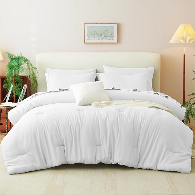 CozyLux Queen Comforter Set White, 7 Pieces Bed in a Bag Queen Comforter Set with Sheets, Luxury Soft Bedding Sets with Down Alternative Comforter, Fitted Sheet, Flat Sheet, Pillowcases & Shams