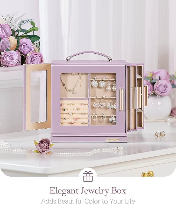 Homde Jewelry Box 360° Rotating, Necklace Earring Organizer with Transparent Window, Mirror, 7 Drawers, Large Ring Display Storage Case for Girls Women (Grey Purple) - Image 8