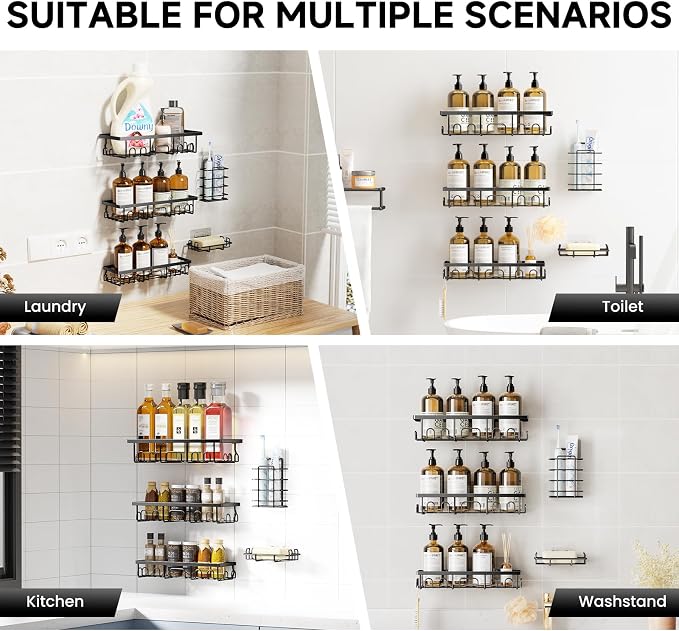 Shower Caddy, 5 Pack Shower Shelves for Inside Bathroom, Rustproof Adhesive Bathroom Organizer with Soap Holder, No Drilling Washroom Organizers and Storage for Bathtub Room/Kitchen/Home, Black - Image 8