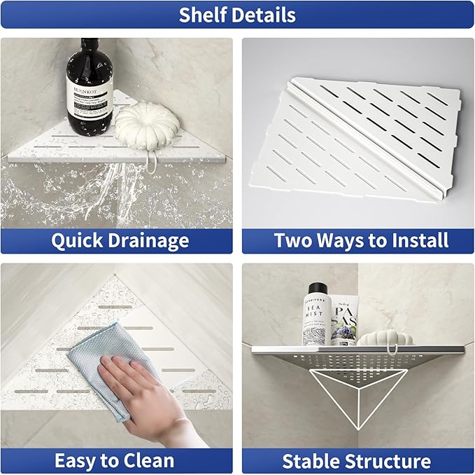 Corner Shower Shelf, 304 Stainless Steel with Slot Design for Bathroom Storage, Grout in Shelf for Tiled Wall (White, 10"-2 Pack) - Image 3