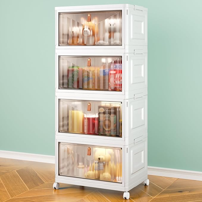 4 Tier Storage Bins with Lids, 23QT Stackable Closet Organizers and Storage with Wheels, Collapsible Storage Boxes, Foldable Plastic Storage Containers for Home,Office, Dorm Room-White by WiseOannes