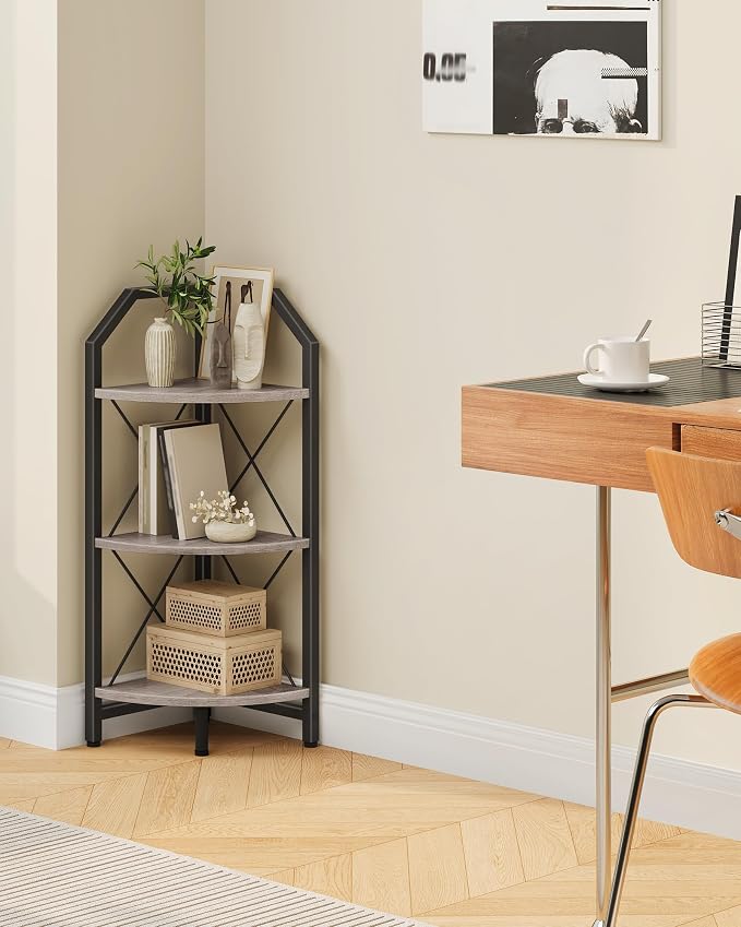 CHOEZON 3-Tier Corner Shelf, Industrial Corner Bookshelf, 35.4" Storage Stand, Plant Stand Display Shelf, Bookcase for Bedroom, Living Room, Home Office, Greige and Black TCJ03BG - Image 6
