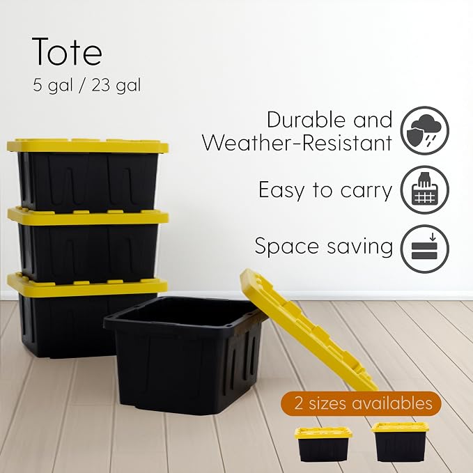 Plastic 23-Gallon Storage Tote with Lockable Lid, Stackable Tough Regular-Duty Bin for Garage, Tools, and Home Organization (2-Pack) - Black and Yellow - Image 7