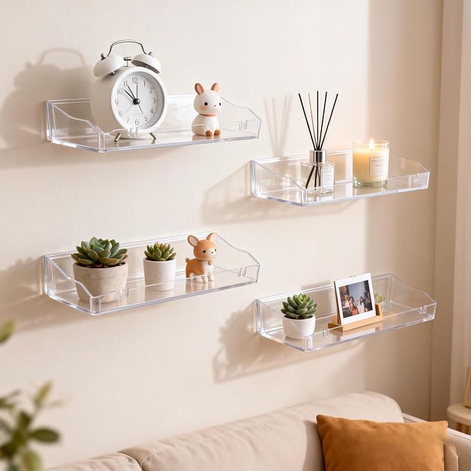 Clear Floating Shelves, Acrylic Shelves for Bathroom Organizers and Storage, Bathroom Shelf with Adhesive Shelf or Screws, Wall Mount Organizer for Shower Caddy,Room Decor, Kitchen, Living Room by clino