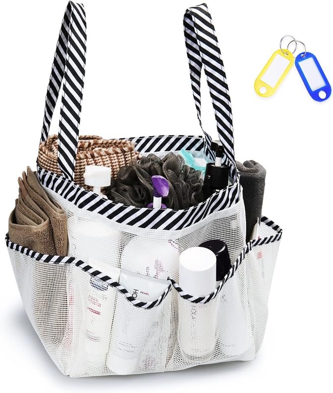 Temede Mesh Shower Caddy Portable for College Dorm Room Essentials, Large Capacity Shower Caddy Basket with 8 Pockets, Quick Dry Shower Tote Bag for Beach, Gym, Bathroom, Camp, Travel-White by Temede
