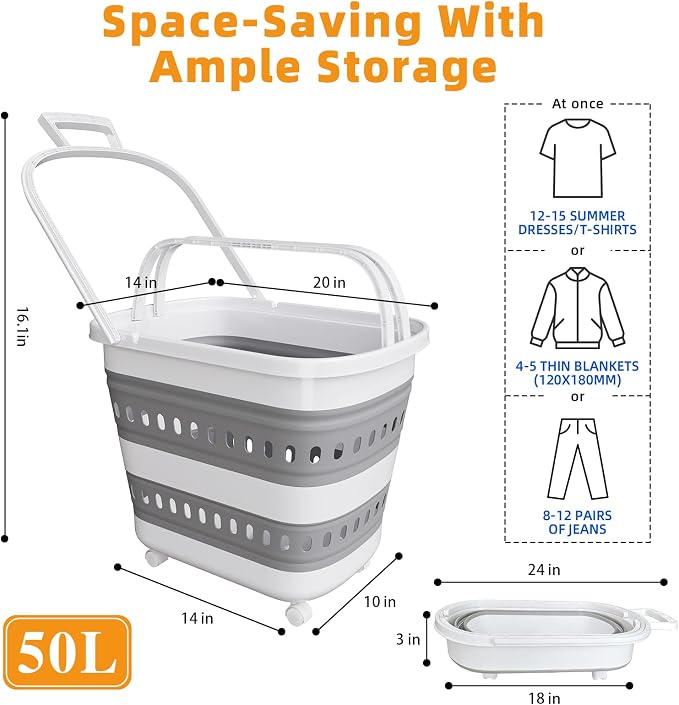50L Collapsible Plastic Laundry Basket Hamper with Wheels, Foldable Laundry Basket with Handles, Pop Up Storage Container Organizer for Washing Storage - Image 2