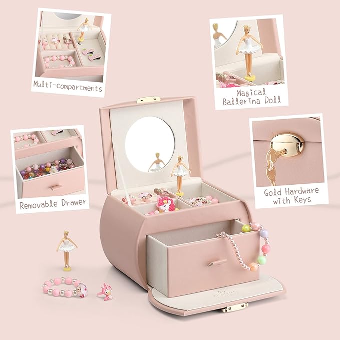 VLANDO Kids Musical Jewelry Box for Girls with Drawer, Music Box with Ballerina and Stickers for Birthday Bedroom Decor, Valentines Day Gifts for Daughter Girls Kids - Pink - Image 3