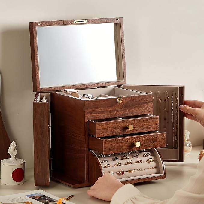 CHOSIN Black Walnut Wooden Jewelry Box, 4 Layer Lockable Organizer with Mirror, Rotatable Ring Holder,Side Doors & Brass Handle, Classical Design for Rings, Necklaces, Mothers Day Gift for Mom - Image 9