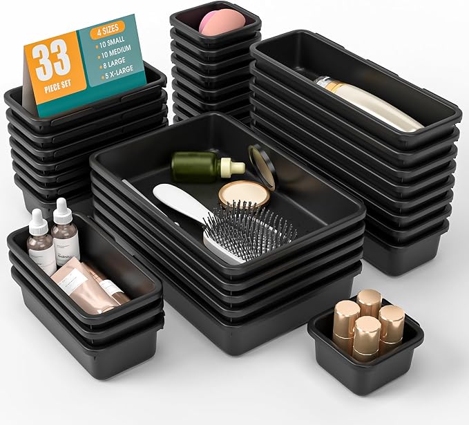 33 PCS Drawer Organizer Set, 4 Size Makeup Drawer Divider Organizer With Non-Slip Pads, Interlocking Plastic Storage Bins for Office,Jewelry Vanity,Gadgets, Bathroom,Kitchen, Black by StoreHappily