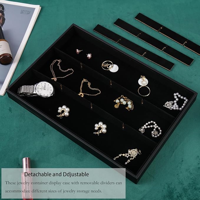 Large Velvet Jewelry Tray, Drawer Organizer for Jewelry in Dresser, Stackable Jewelry Drawer Organizer Inserts for Earring Necklace Bracelet Rings(Black,12grid) - Image 5