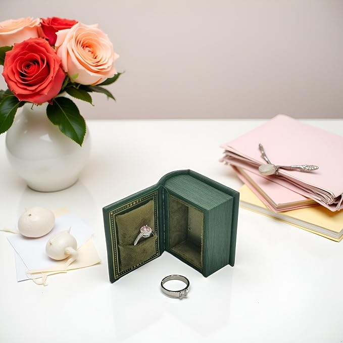 Book Shaped Ring Box - Vintage Engagement Ring Box with Hinged Lid for Proposal Engagement Wedding, Proposal Ring Case with Magnetic Closure-PRB011-Green - Image 7