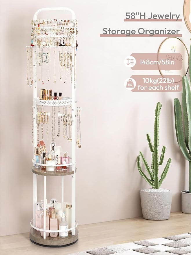 Jewelry Holder Organizer, Floor Jewelry Organizer with Earring Organizer Necklace Holder, Rotating Jewelry Stand Necklace Display Earring Storage, Large Hanging Jewelry Tree for Jewlery Bracelet Ring - Image 4