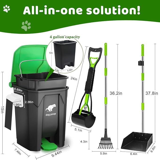 Dog Poop Trash Can Outside with Pooper Scooper and Metal Rake & Tray, 20L/5Gal Dog Waste Trash Can with Lid, Pedal and Removable Inner Waste Bin, Pet Poop Bin with 100 Bags, Green - Image 2