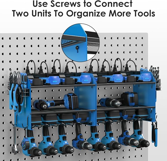 CCCEI Modular Power Tool Organizer Wall Mount with Charging Station. Garage Drill Storage Shelf with Hooks, Heavy Duty Rack, Tool Battery Holder Built in 8 Outlet. Gift for Men. Blue, 1 Pack. - Image 6