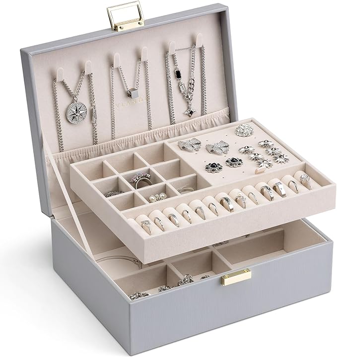 VLANDO 2 Layer Jewelry Box Large Jewelry Organizer for Women Removable Jewelery Tray for Necklace Earrings Rings Bracelets Jewelry Boxes Christmas Birthday Gifts for Women(Grey) by VLANDO