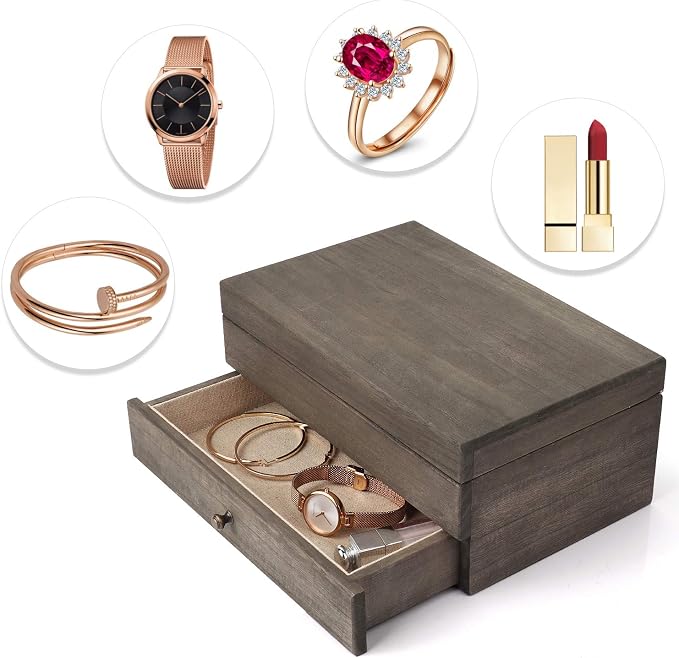 Meangood Jewelry Box Organizer for Women, 2 Layer Large Jewelry Storage Case, Rustic Wooden Jewelry Box with Mirror & Ring Tray for Necklace Earring Bracelets Rings, Vintage Style (Weathered Grey) - Image 7