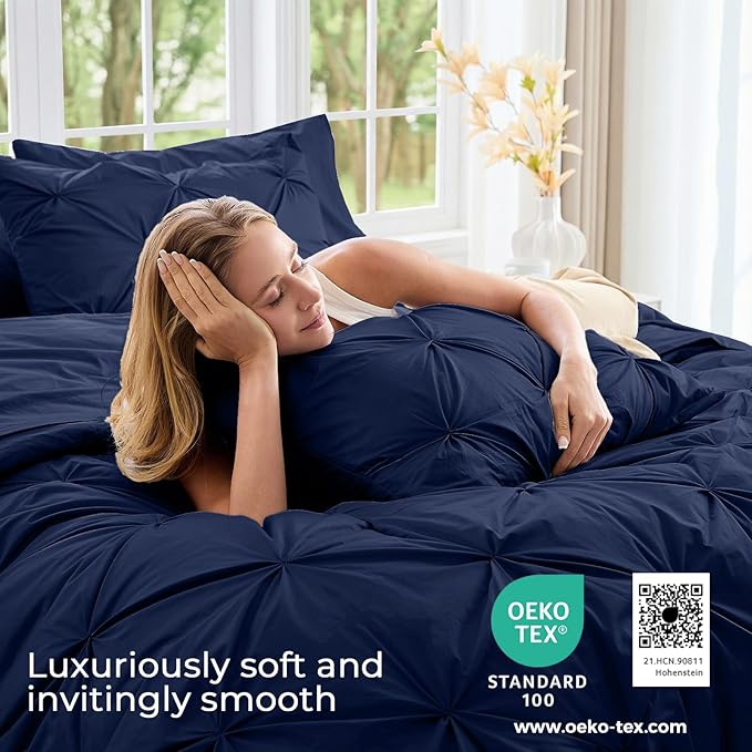Sasttie King Size Comforter Set, 7-Piece Bed in a Bag, Pintuck Bedding Sets for All Season, Includes Comforter, Flat Sheet, Fitted Sheet, Pillowcases and Pillowshams, Navy