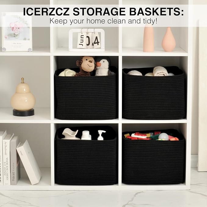 ICERZCZ Storage Baskets for Organizing & Shelves, Woven Cotton Rope Organization Bins for Dog Toys, Clothes, Books, Nursery Organizer, 15" Lx11''Wx9.5''H, (4 Packs) Black - Image 6