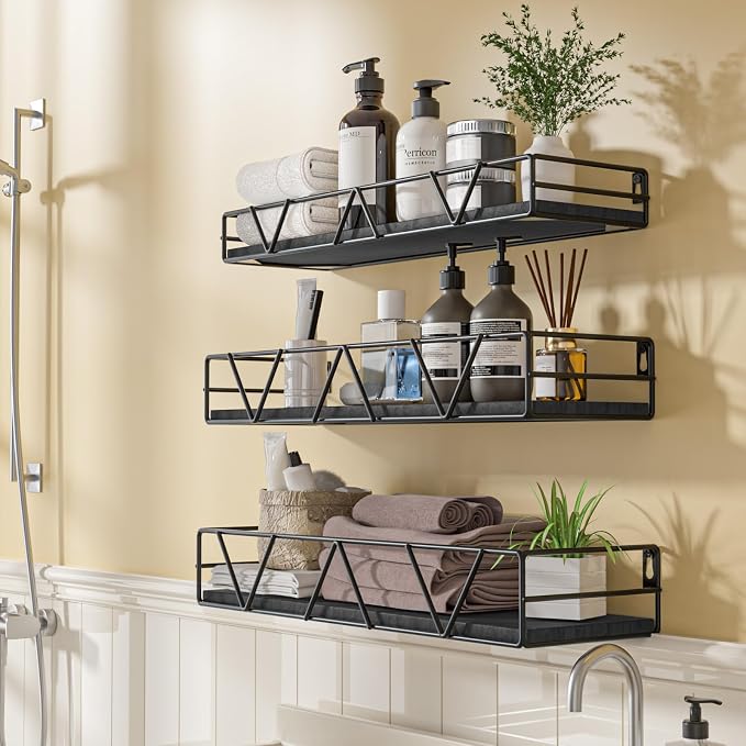 Amaoot Floating Shelves Set of 3, Home Wood Wall Shelf, Farmhouse Shelf for Bedroom, Wall Mounted Floating Shelf for Living Room, Bedroom, Bathroom, Kitchen, Office (Black 2) - Image 4