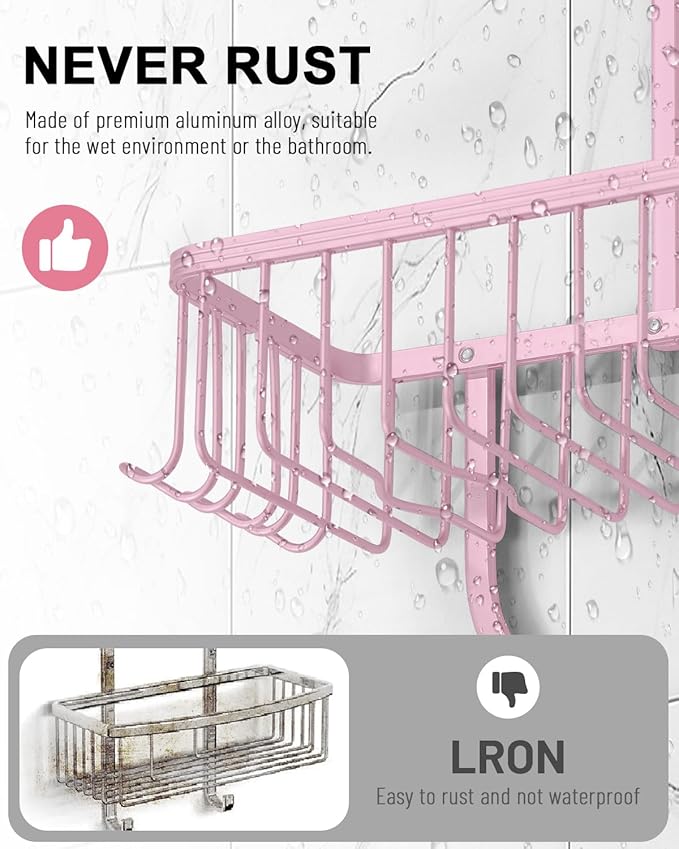 Pink Shower Caddy for Bathroom - Never Rust Hanging Shower Organizer with Soap Basket and Hooks - Large Capacity 3 Tier Aluminum Over The Showerhead Caddy - Image 4
