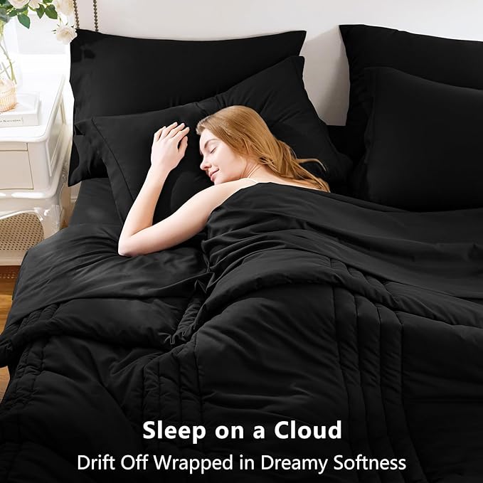 CozyLux King Size Comforter Sets - 7 Piece Bed in a Bag Black Comforter Set with Sheets Luxury Bed Set All Seasons, Soft Bedding Set with Down Alternative Comforter, Sheets, Pillowcases & Shams